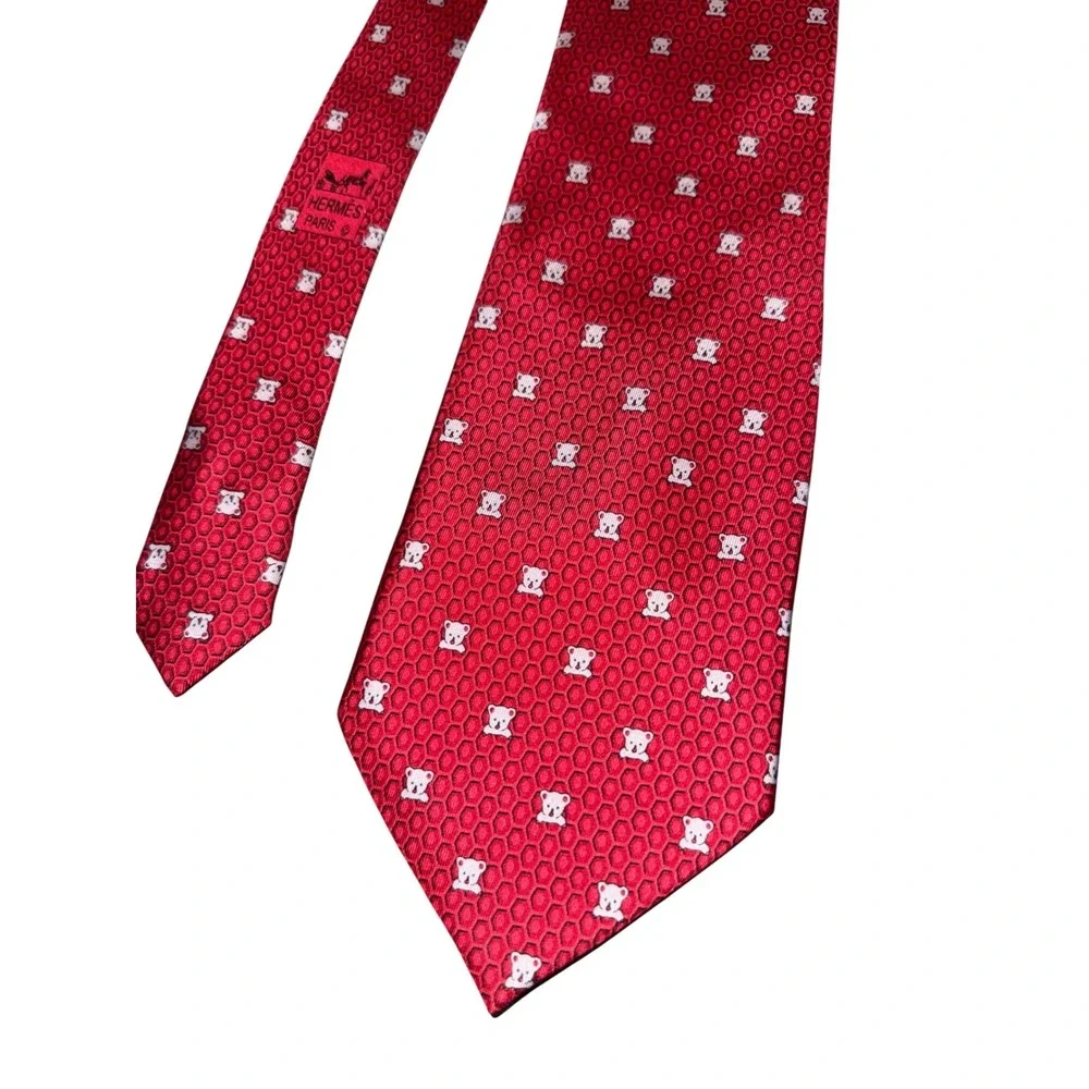 Hermes Paris Mens Red Silk Koala Honeycomb Geometric VINTAGE Made in France
